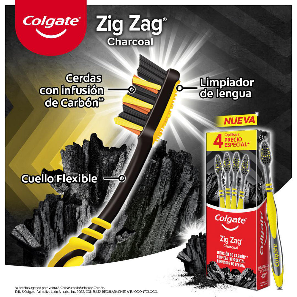 Cepillo de Dientes Colgate Zig Zag Charcoal Cajilla 4 pzas